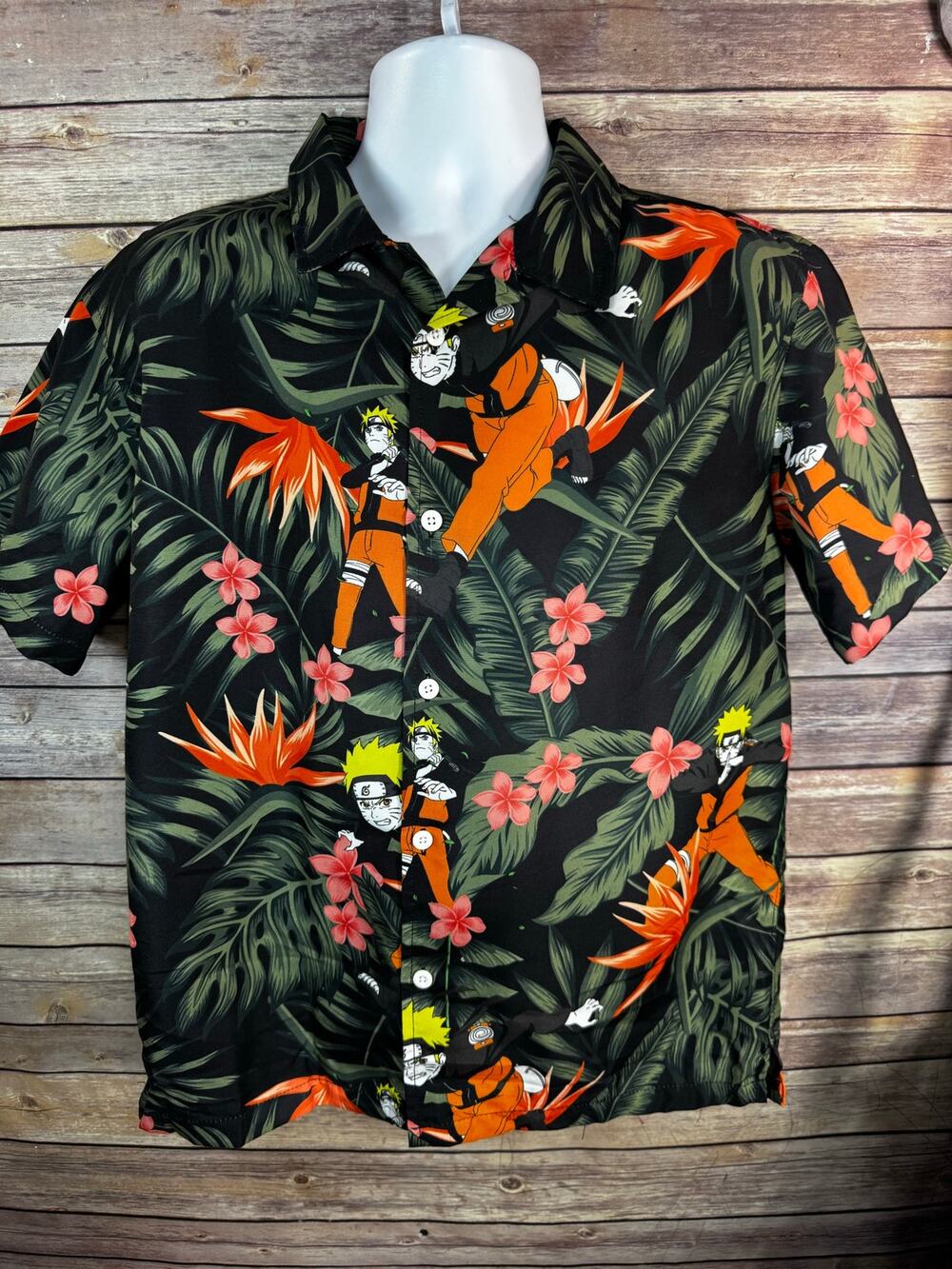 Naruto Shippuden Men's Hawaiian Button Down Shirt Black Tropical Floral XL